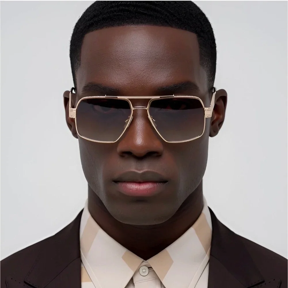 Mens Square Aviator Sunglasses Gold Metal Frame Brown  Lens Double Bridge Hiphop